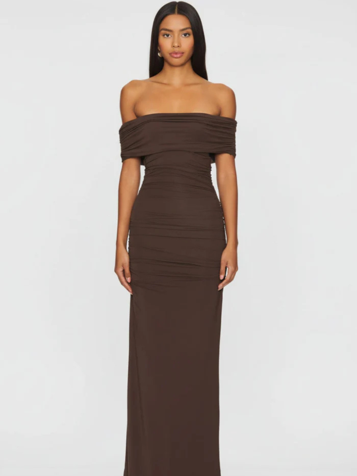 The Chocolate Muse: Sculptural Off-the-Shoulder Evening Gown
