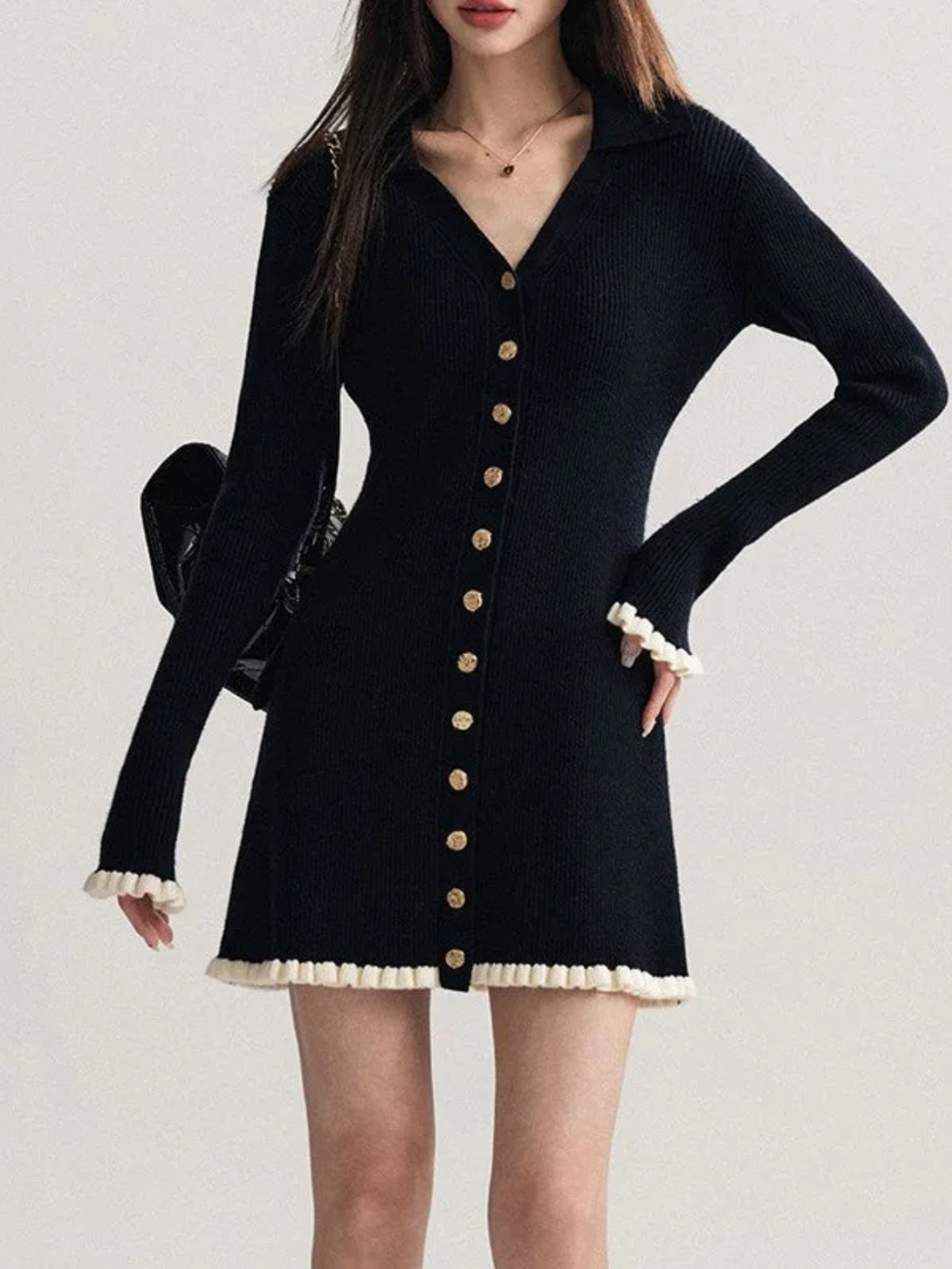 Elegant V-Neck Knit Dress with Ruffled Charm