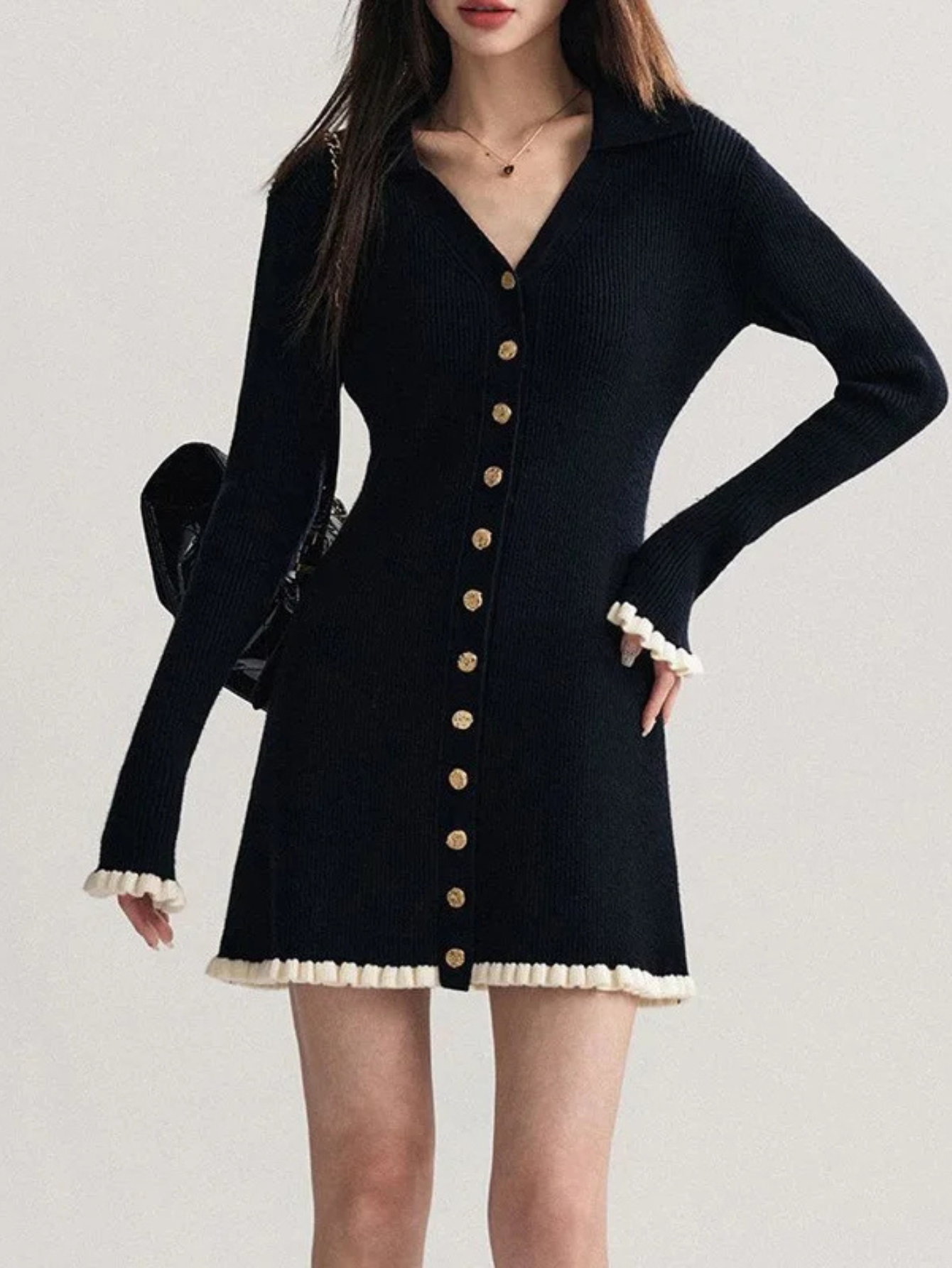 Elegant V-Neck Knit Dress with Ruffled Charm