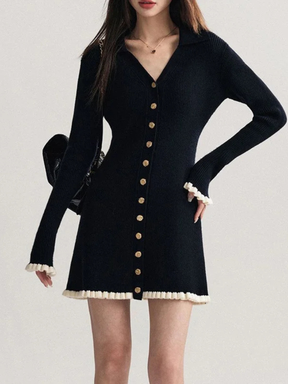 Elegant V-Neck Knit Dress with Ruffled Charm