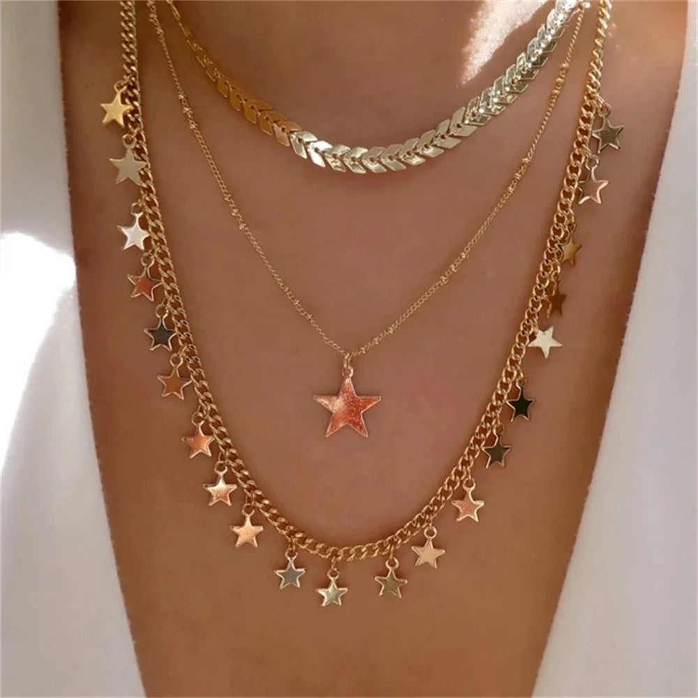 Bls-miracle Boho Fashion Gold Color Heart-Shaped Necklace For Women Trendy Multi-Layer Pendant Necklaces Set Jewelry Gifts