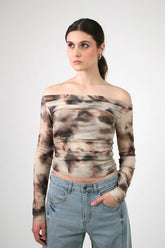 The Kinetic Muse: 3D-Print Mesh Off-Shoulder Crop Top