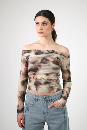 The Kinetic Muse: 3D-Print Mesh Off-Shoulder Crop Top