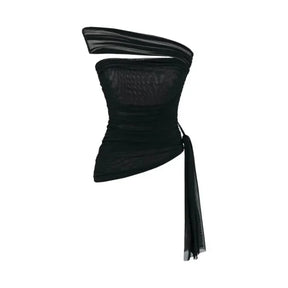 The Ethereal Edge: Asymmetrical Mesh Bell-Sleeve Top