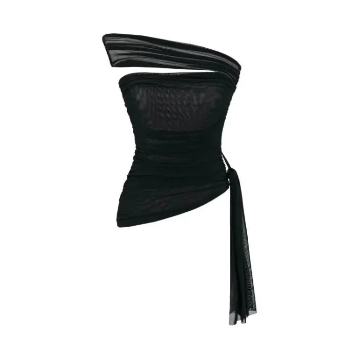 The Ethereal Edge: Asymmetrical Mesh Bell-Sleeve Top