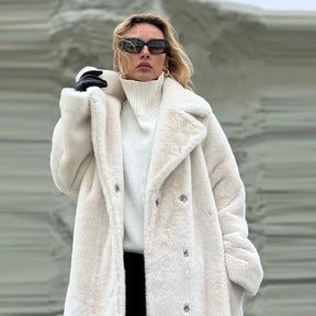 Elegant Off-White Double Breasted Furry Coat