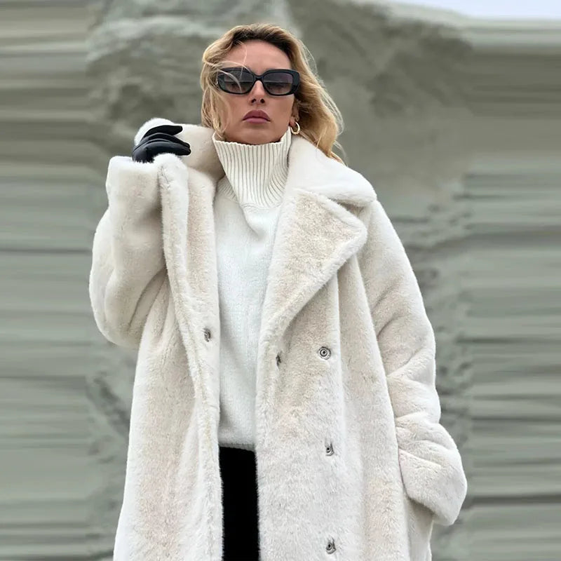 Elegant Off-White Double Breasted Furry Coat