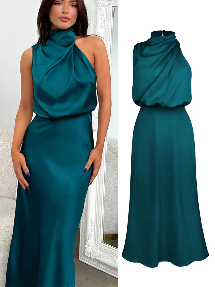 Elegant Silk Satin Sleeveless Evening Dress