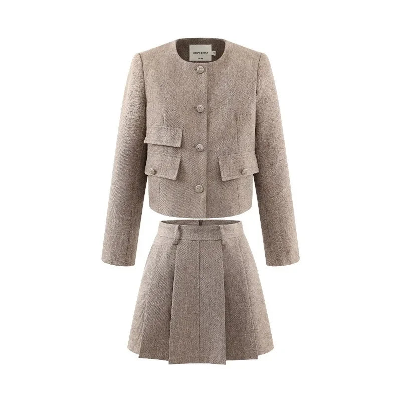 Elegant Tweed Two Piece Set Women Short Cropped Jacket and Pleated Mini Skirt Chic High Waist Outfit Autumn Office or Daily Wear