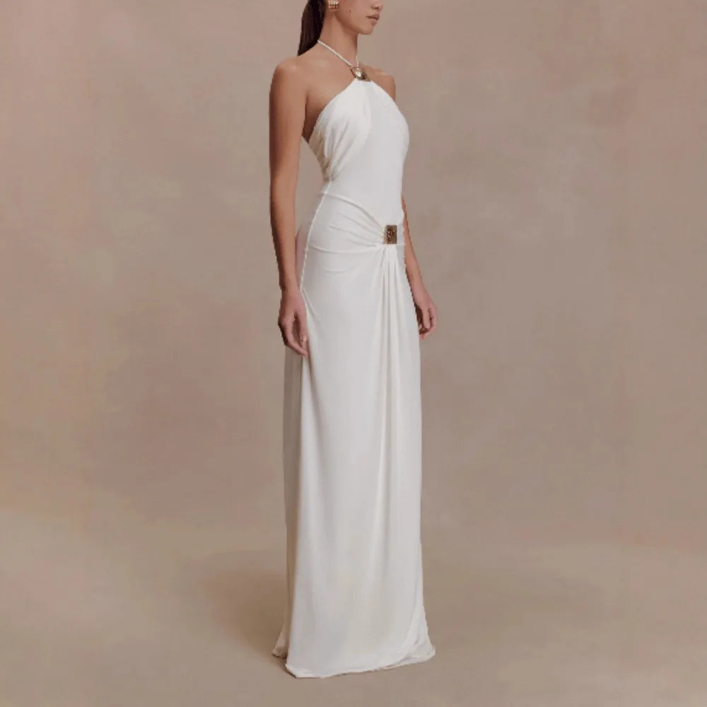 Temperament Elegant Halter Neck Party Dresses Women Metal Decoration Folds Package Hip Slim  Sleeveless Long Dress Trendy New