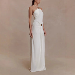 Temperament Elegant Halter Neck Party Dresses Women Metal Decoration Folds Package Hip Slim  Sleeveless Long Dress Trendy New