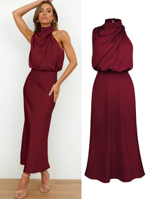 Elegant Silk Satin Sleeveless Evening Dress