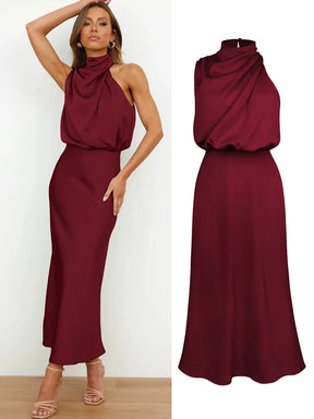 Elegant Silk Satin Sleeveless Evening Dress