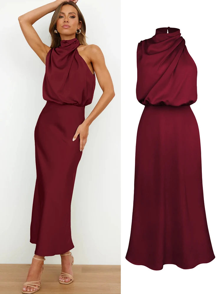 Elegant Silk Satin Sleeveless Evening Dress