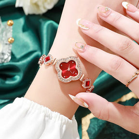 Diamond Set Color Light Luxury Drawstring Watch Exquisite Small Pearl Clover Drawstring Style Quartz Women's Watch Reloj Mujer