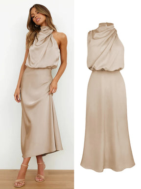 Elegant Silk Satin Sleeveless Evening Dress