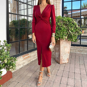 Women's Sexy Bodycon Long Dress Solid Color V Neck Long Sleeve Slim Fit Formal Dress Ruched High Split Cocktail Party Dresses