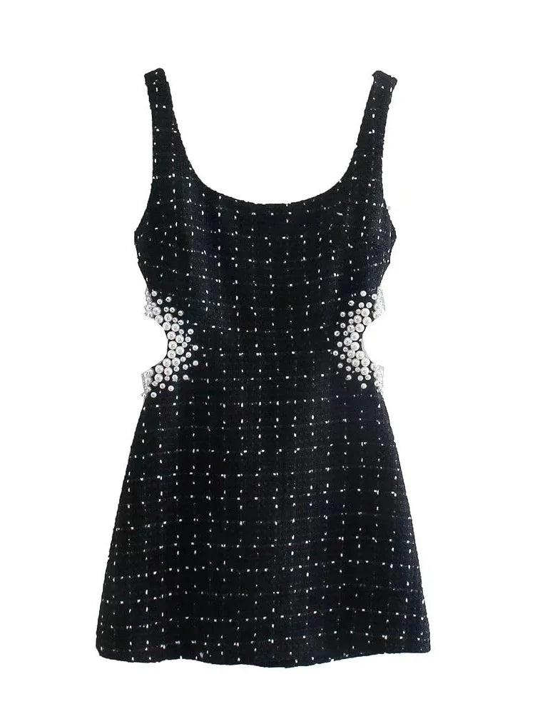 The Pearl Noir: Vintage-Inspired Hollow-Out Mini Dress
