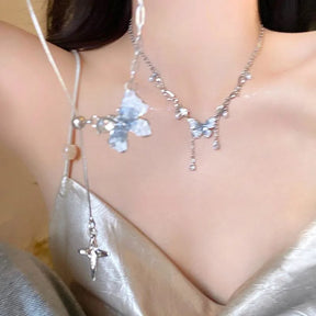 Design Luxury Blue Crystal Butterfly Pendant Necklace for Women Girls Exquisite Ring Temperament Pretty Gift Fashion Jewelry Set