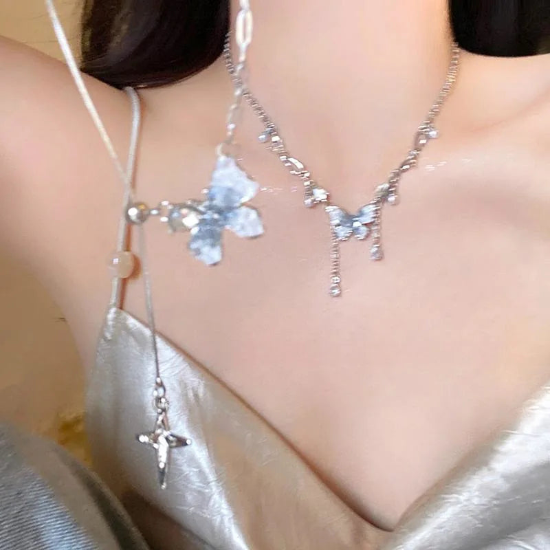 Design Luxury Blue Crystal Butterfly Pendant Necklace for Women Girls Exquisite Ring Temperament Pretty Gift Fashion Jewelry Set