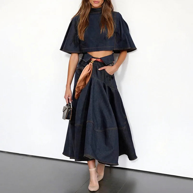 The Architectural Duo: Cape-Style Collar & Pleated Denim Ensemble