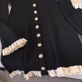 French V-neck Knitted Dress Autumn/Winter Women's High End Ruffled Edge A-Line Short Dress Elegant Splicing Long Sleeve Dress