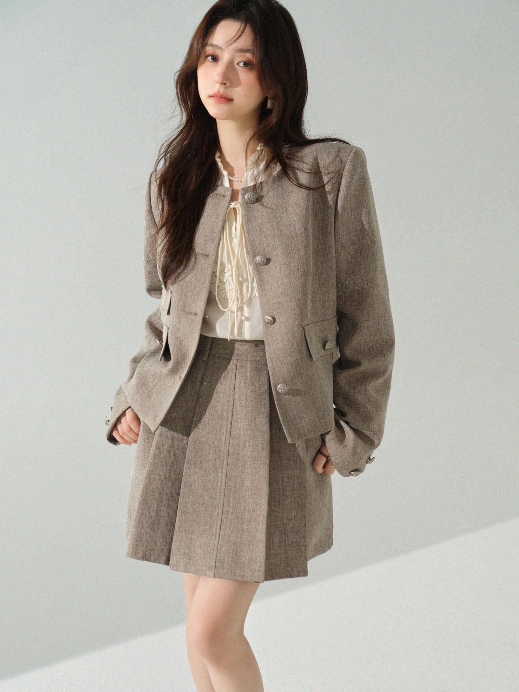 Elegant Tweed Two Piece Set Women Short Cropped Jacket and Pleated Mini Skirt Chic High Waist Outfit Autumn Office or Daily Wear