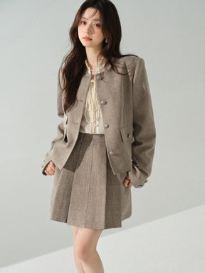Elegant Tweed Two Piece Set Women Short Cropped Jacket and Pleated Mini Skirt Chic High Waist Outfit Autumn Office or Daily Wear