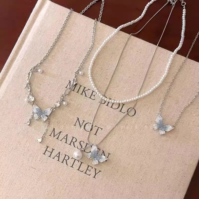 Design Luxury Blue Crystal Butterfly Pendant Necklace for Women Girls Exquisite Ring Temperament Pretty Gift Fashion Jewelry Set