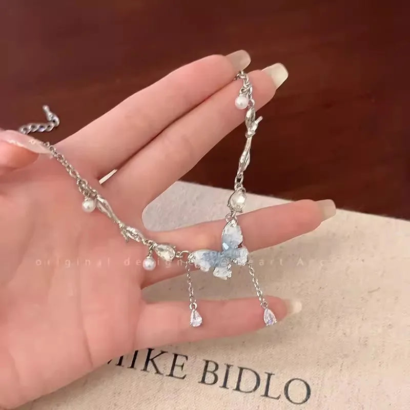Design Luxury Blue Crystal Butterfly Pendant Necklace for Women Girls Exquisite Ring Temperament Pretty Gift Fashion Jewelry Set