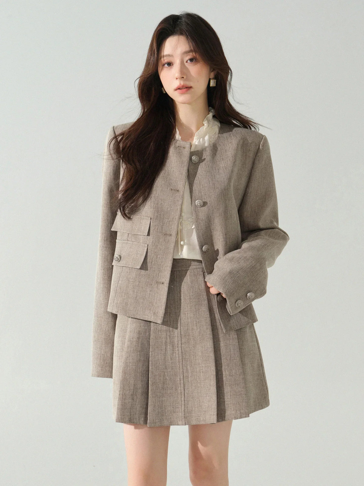 Elegant Tweed Two Piece Set Women Short Cropped Jacket and Pleated Mini Skirt Chic High Waist Outfit Autumn Office or Daily Wear
