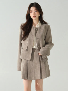 Elegant Tweed Two Piece Set Women Short Cropped Jacket and Pleated Mini Skirt Chic High Waist Outfit Autumn Office or Daily Wear
