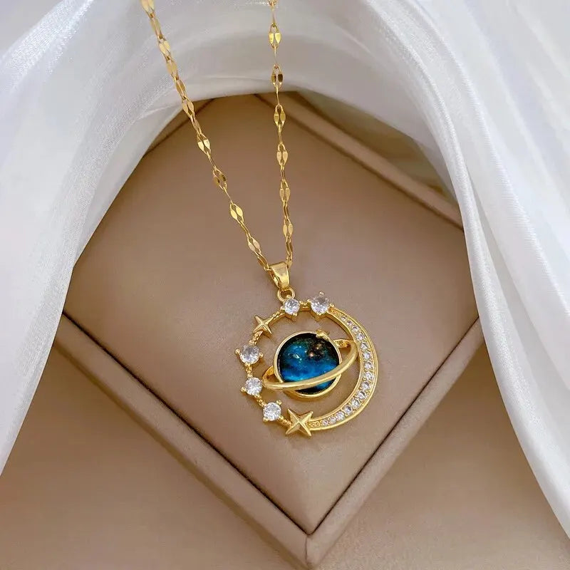 Celestial Elegance: Gold Planet & Moon Necklace