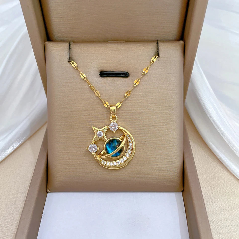 Celestial Elegance: Gold Planet & Moon Necklace