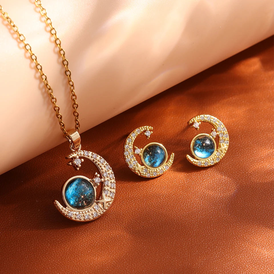 Celestial Elegance: Gold Planet & Moon Necklace