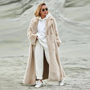 Elegant Off-White Double Breasted Furry Coat