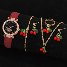 Elegant Red Watch & Cherry Jewelry Set – Timeless Style