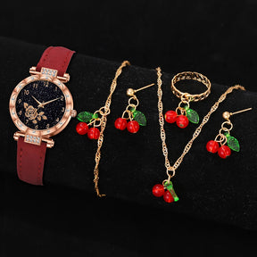 Elegant Red Watch & Cherry Jewelry Set – Timeless Style