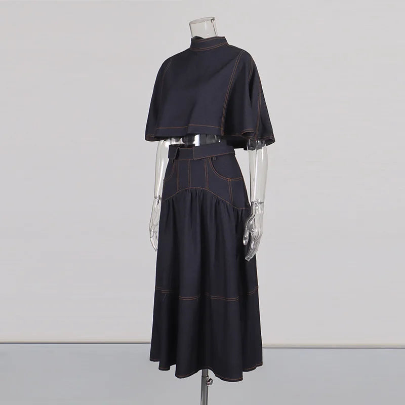 The Architectural Duo: Cape-Style Collar & Pleated Denim Ensemble