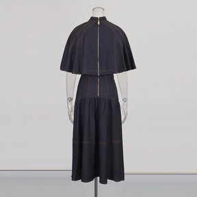 The Architectural Duo: Cape-Style Collar & Pleated Denim Ensemble