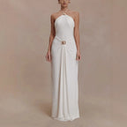 Temperament Elegant Halter Neck Party Dresses Women Metal Decoration Folds Package Hip Slim  Sleeveless Long Dress Trendy New