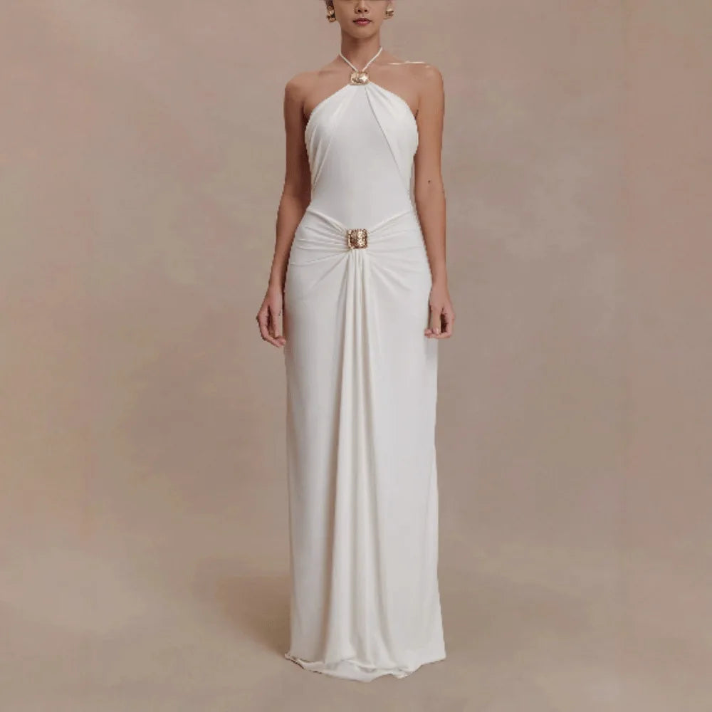 Temperament Elegant Halter Neck Party Dresses Women Metal Decoration Folds Package Hip Slim  Sleeveless Long Dress Trendy New