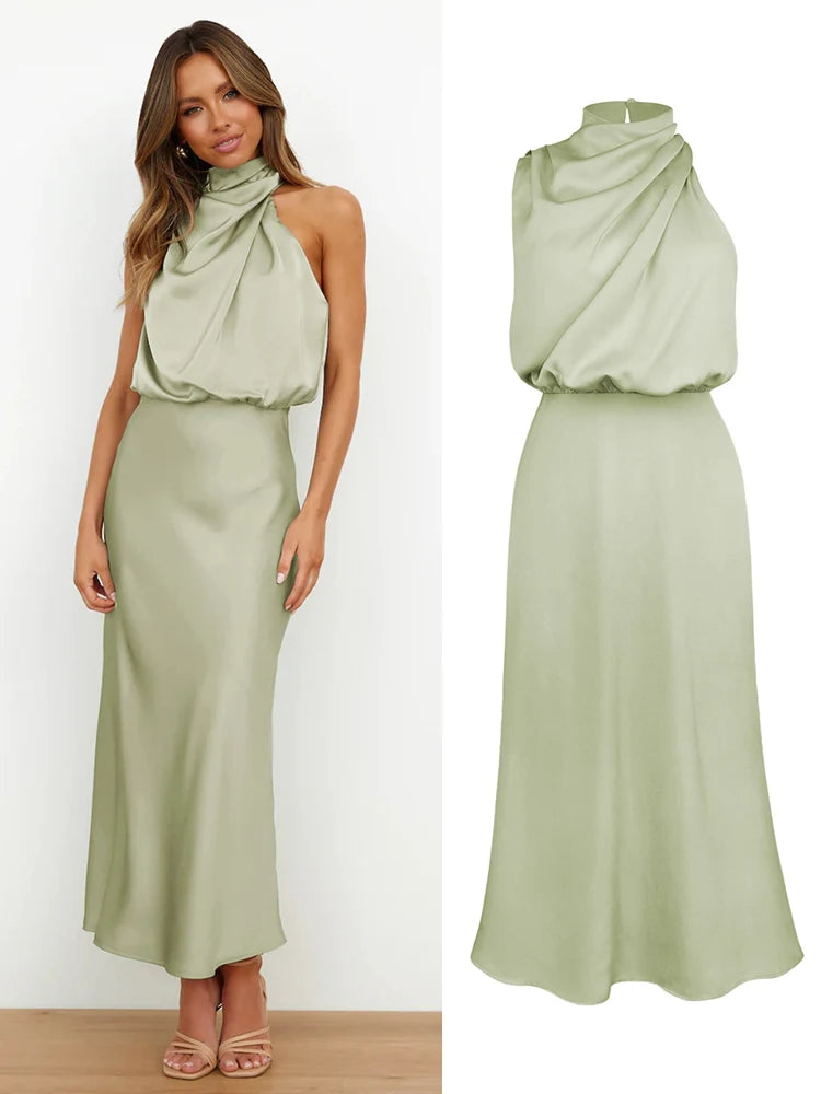 Elegant Silk Satin Sleeveless Evening Dress
