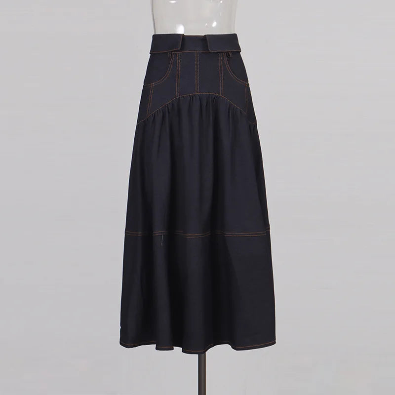 The Architectural Duo: Cape-Style Collar & Pleated Denim Ensemble