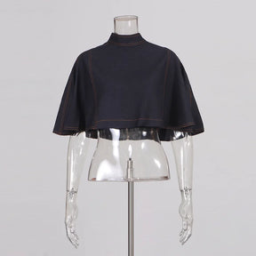 The Architectural Duo: Cape-Style Collar & Pleated Denim Ensemble