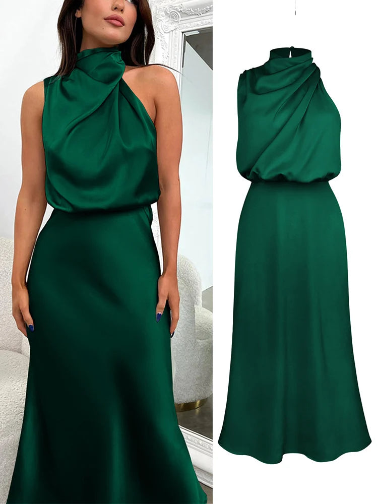 Elegant Silk Satin Sleeveless Evening Dress