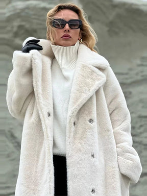 Women's Off White Long Double Breasted Furry Coat Lapel Collar Full Sleeve Belted Coats 2025 Elegant Warm Winter Lady Outerwear