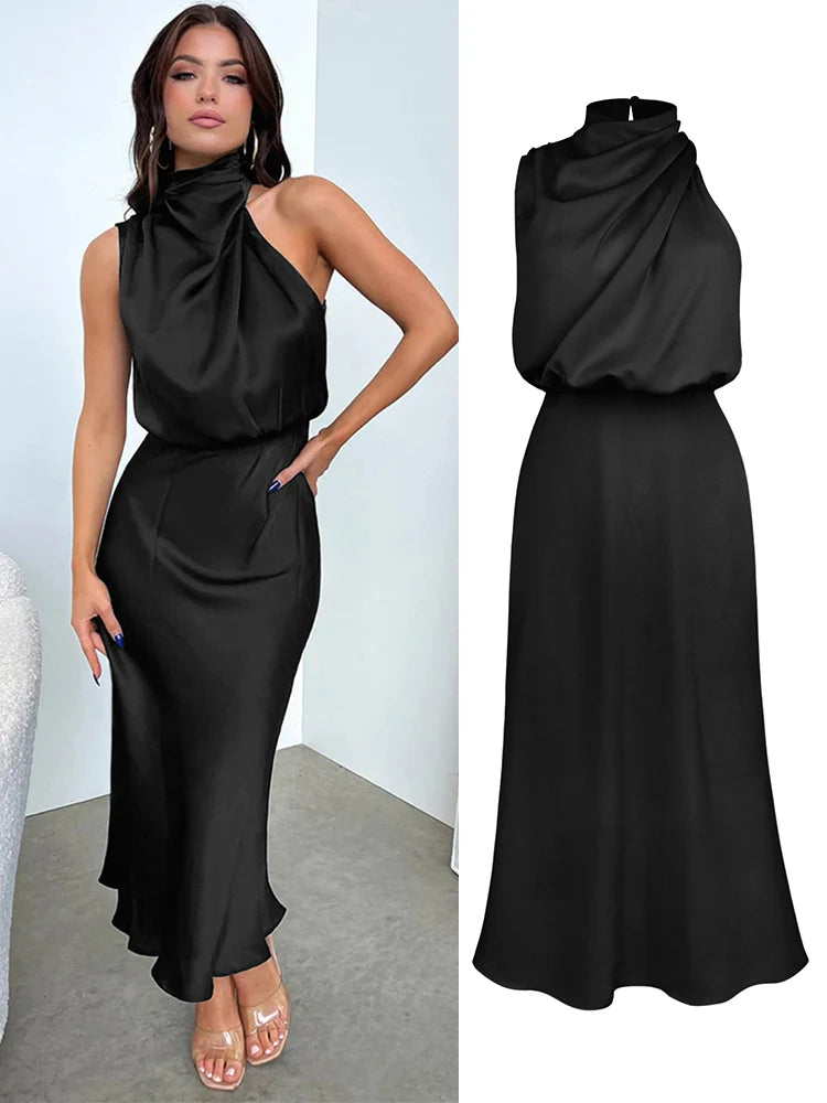 Elegant Silk Satin Sleeveless Evening Dress