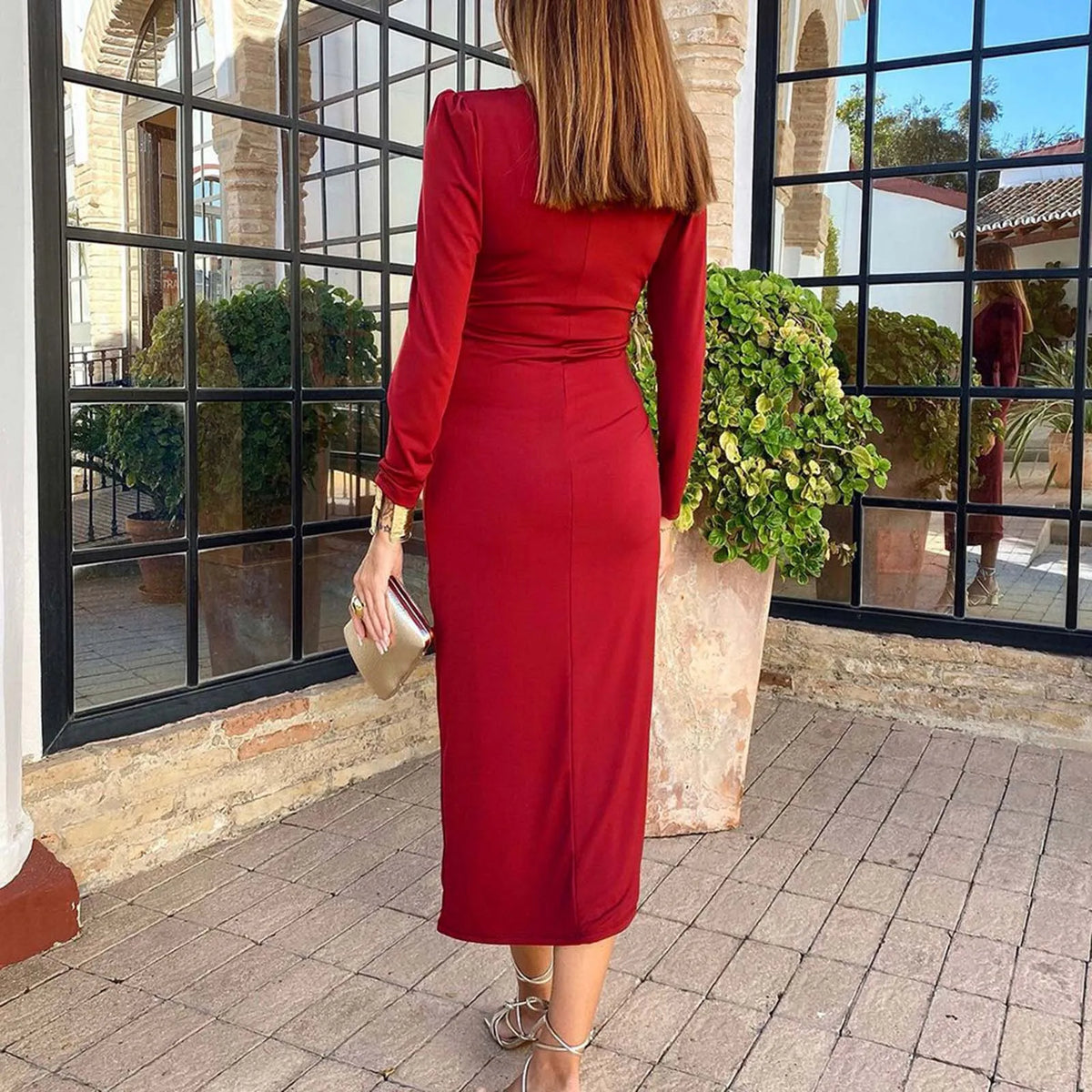 Women's Sexy Bodycon Long Dress Solid Color V Neck Long Sleeve Slim Fit Formal Dress Ruched High Split Cocktail Party Dresses