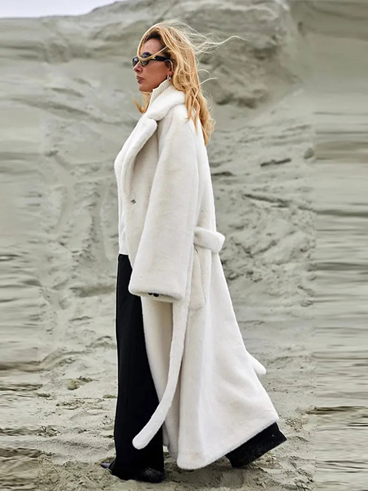 Women's Off White Long Double Breasted Furry Coat Lapel Collar Full Sleeve Belted Coats 2025 Elegant Warm Winter Lady Outerwear